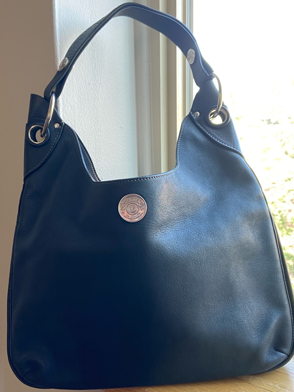 Ghurka Chandra Black Leather Shoulder Bag with Silver Coin Accent